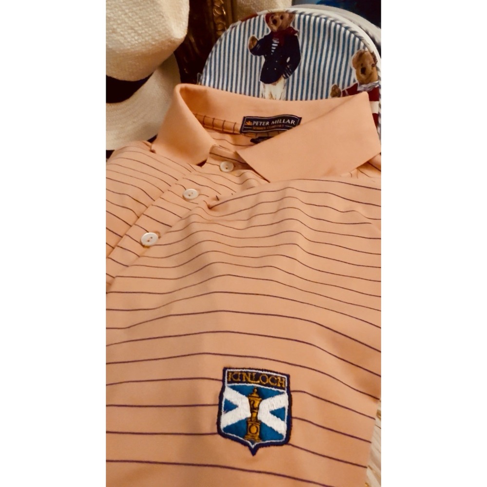 PETER MILLAR SUMMER COMFORT Men M Orange Stripe Kinloch Golf Med Polo Sleve Logo